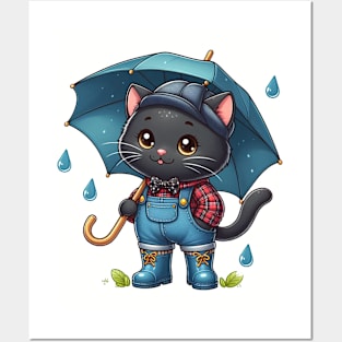 Cute cat in rain boots with umbrella Posters and Art